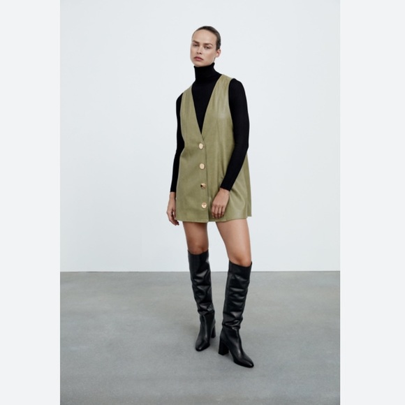 Zara Dresses & Skirts - ZARA Faux Leather Pinafore Skirt Mini Dress in Light Green Sz M